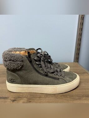 UGG Gray Leather Shearling-Trim High-Top Sneakers Women’s 9.5